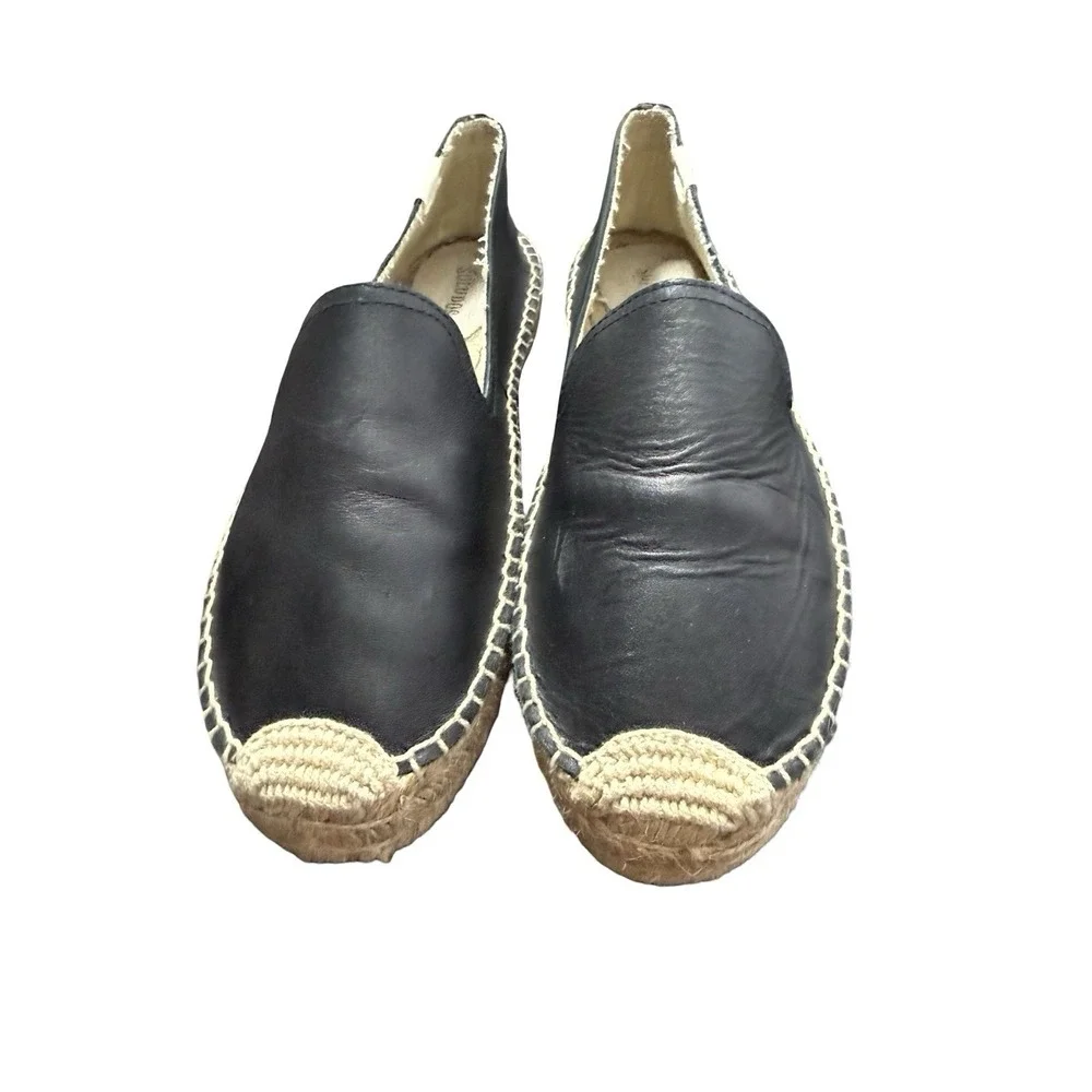 Soludos Women's‎ Size 8.5 Espadrilles Black Leather Platform Slip On Beachy Chic